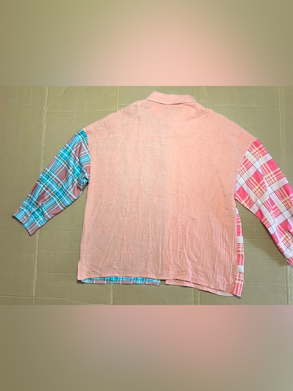 NWT HangNiTang Colorblock Plaid Patchwork Button Front Oversized Blouse Size S - Picture 3 of 8